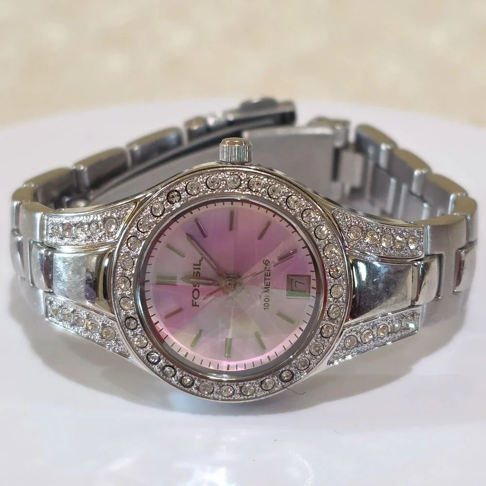 FOSSIL BLUE Pink Dial Rivoli Crystal 100M Quartz Watch Jeweled Bezel Band AM4026